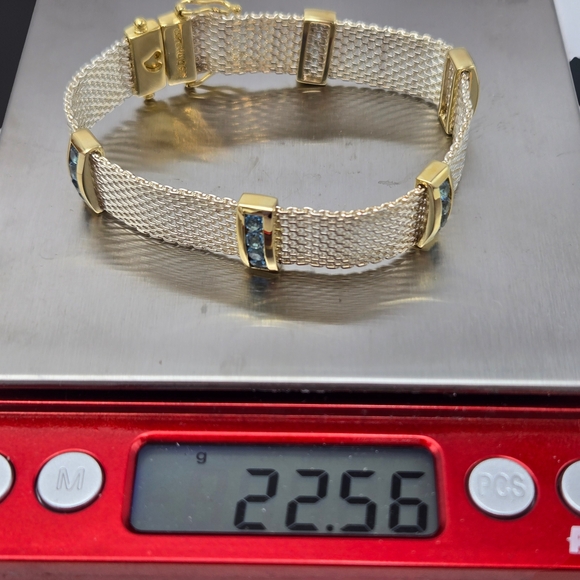 Sterling Vermeil Blue Topaz Mesh Bracelet 6.75” 925 Thailand Estate - Picture 9 of 9